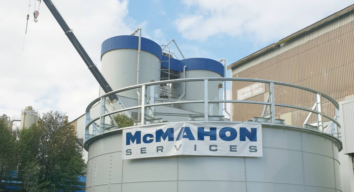McMahon Services banner on steel silo at Port Kembla