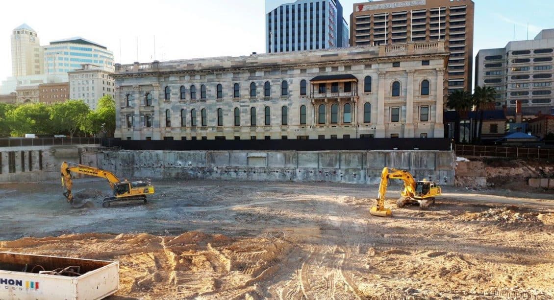 Adelaide Riverbank Festival Plaza car park demolition after excavation